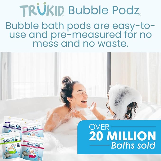 TruKid Bubble Podz Bubble Bath for Kids, Toddlers, & Babies, NEA-Accepted for Eczema, Gentle Refreshing Colloidal Oatmeal Bath Bomb for Sensitive Skin, pH Balanced, Tear Free, Unscented (60 Podz)