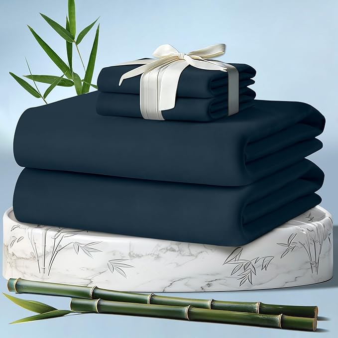 DECOLURE 100% Viscose Derived from Bamboo Sheets Queen Size 4pcs - Ultra Soft & Luxuriously Cooling, 17" Deep Pocket, Double Stitching, Perfect for Hot Sleepers - Queen Bed Sheets (Navy Blue)