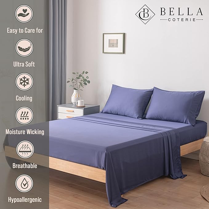 Bella Coterie Luxury Bamboo Viscose Cal King Size Sheet Set | 100% Organically Grown | Ultra Soft | Cooling for Hot Sleepers | 18" Deep Pocket [Twilight Blue]
