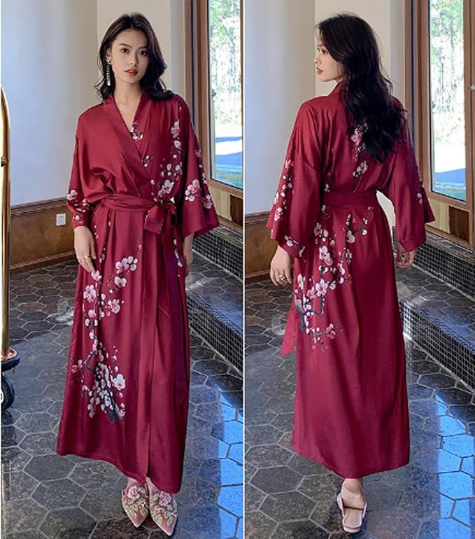 Silk Satin Robe for Women Long Japanese Kimono Robe Lightweight Soft Bathrobe Floral Luxury Dressing Gown