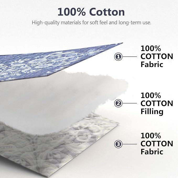100% Cotton Quilt Set King Size - Damask Pattern Quilted Comforter, Vintage Reversible King Quilt Bedspread, Lightweight Bedding for King Bed, 3pcs, Blue