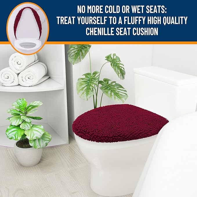 OLANLY Soft Chenille Bathroom Toilet Lid Cover, Machine Washable Seat Covers, 17.5x15, Stays in Place Rubber Backing, Fits Most Round, Elongated and Oblong Lids, Accessories Decor, Burgundy