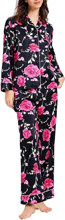Lonxu Silk Satin Womens Pajama Sets Button Down Sleepwear Loungewear XS~3XL