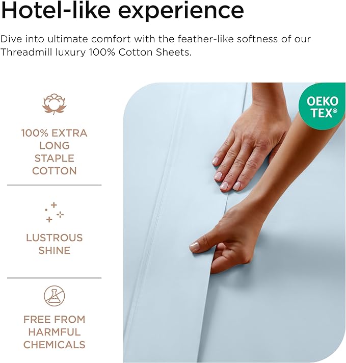 Threadmill 100% Cotton Sheets for Queen Size Bed - 600 Thread Count Queen Bed Sheets Set with 16” Deep Pocket - Sateen Weave 4-Piece Bedding Set with Cooling Effect, Blue