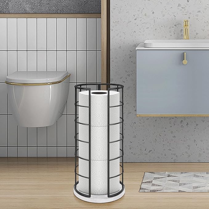 NearMoon Toilet Paper Organizer Stand, Free Standing 3 Rolls Tissue Storage, Metal Bathroom Accessory, Rustproof Toilet Roll Holder for Kitchen Countertop Inside Cabinet Shelf(Marble Base,Matte Black)