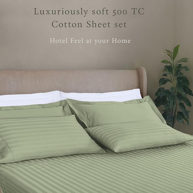 Threadmill 500 Thread Count Queen Size Damask Stripe, 4 Pc Luxury Cotton Bedding Set, Silky Smooth Sage Green Sheets with 16" Elasticized Deep Pocket, 2 Pillowcases & Free Tote Bag