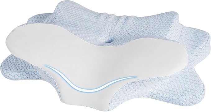 Cervical Neck Pillow for Sleeping, Dual Height Memory Foam Pillow for Neck Pain Relief, Ergonomic Contour Pillow for Side, Back & Stomach Sleepers – Cooling Washable Cover (Blue White)