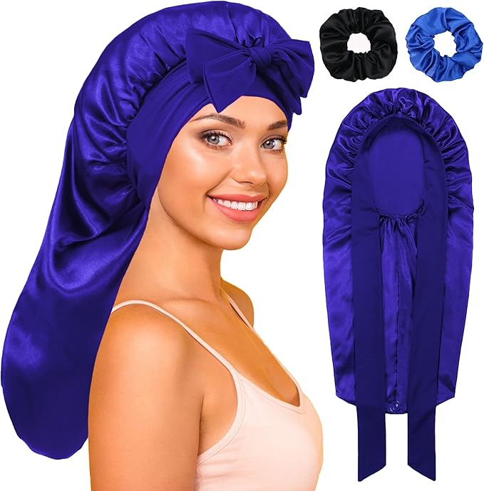 Long Satin Bonnet with Tie Band for Sleeping Women - Silk Sleep Bonnet for Curly Hair and Braids