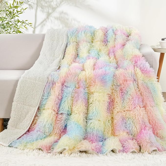 Uttermara Weighted Blanket Queen Size 20 lbs for Adults 60x80 inches, Long Shaggy Faux Fur and Cozy Warm Sherpa Reverse Weighted Blankets for Winter, Thick Heavy Blanket for Sofa Bed, Rainbow