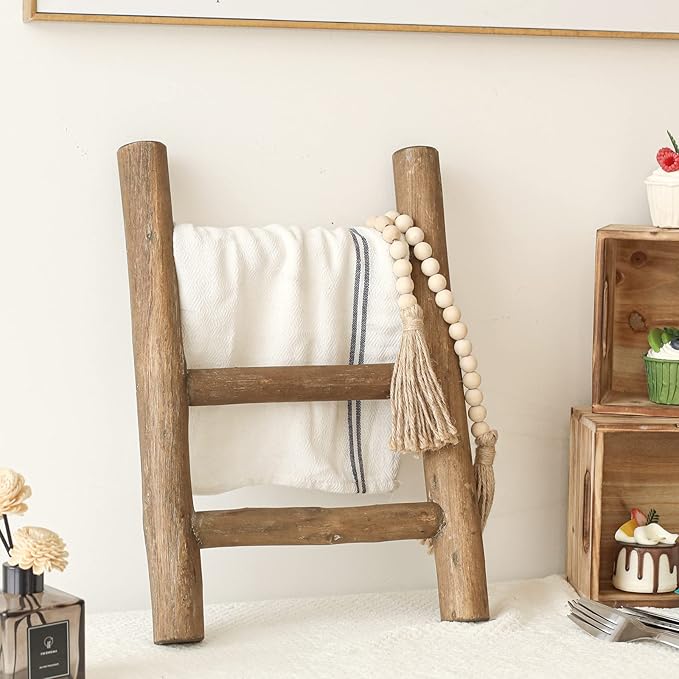 FUIN Fully Assembled Wooden Tea Towel Ladder, Mini Ladder Towel Rack Display Hanger, Small Rustic Farmhouse Tea Towel Stand Holder for Country Bathroom Decor, Brown