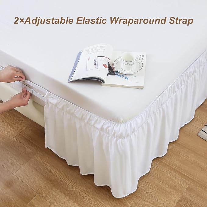 MEILA Wrap Around Bed Skirt Three Fabric Sides Elastic Dust Ruffled 14 Inch Tailored Drop,Easy to Install Fade Resistant-Natural White, Queen/King