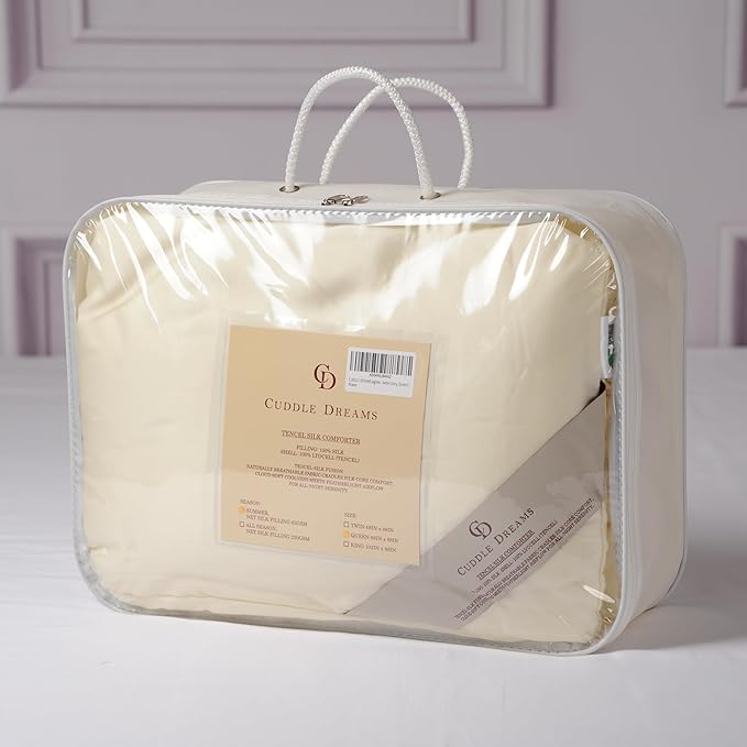 CUDDLE DREAMS Lightweight Silk Filled Comforter for Summer, Detachable Tencel Duvet Cover for Easy Care, Naturally Breathable (Ivory, Queen)