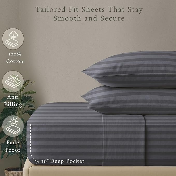Threadmill 500 Thread Count King Size Damask Stripe, 4 Pc Luxury Cotton Sheet Set, Silky Soft & Breathable Dark Grey Sheets with 16" Elasticized Deep Pocket, 2 Pillowcases & Free Tote Bag