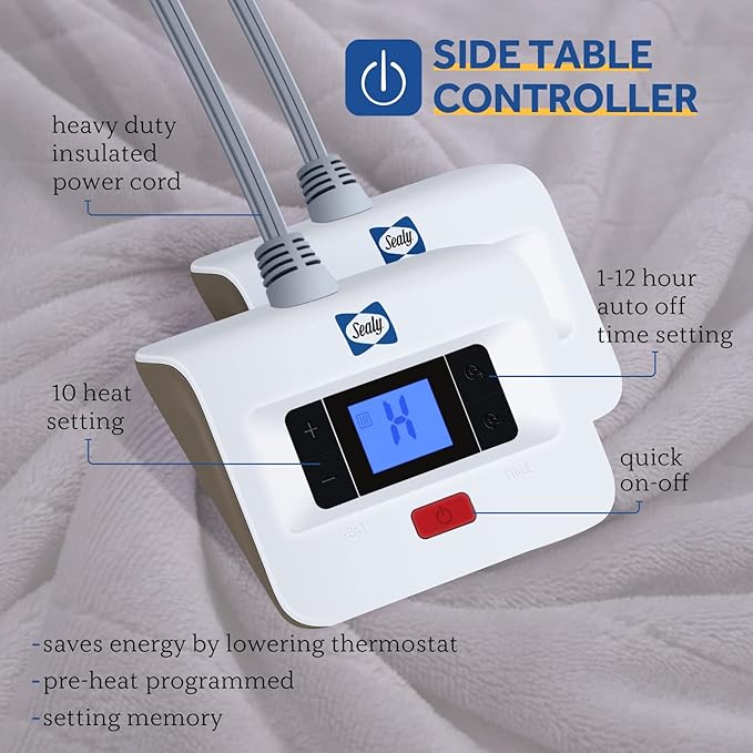 Sealy Heated Electric Blanket Queen Size, Flannel Electric Blanket with 10 Heating Levels & 1-12 Hours Auto Shut Off, Fast Heating Warming Blanket, Machine Washable, Grey, 84 x 90 Inch