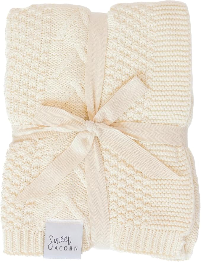 Knit Baby Blanket in Elegant Pattern, Organic Cotton Blankets for Crib or Stroller, Receiving Blankets - Salt White