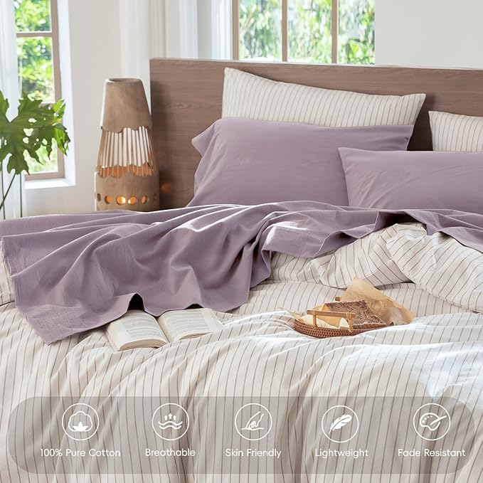 MooMee Bedding Sheet Set 100% Washed Cotton Linen Like Textured Breathable Durable Soft Comfy (Solid Taro Purple, King)