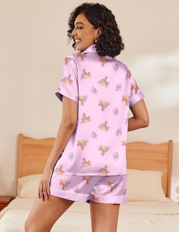 Ekouaer Pajamas for Women Set Silk Satin Pjs Shorts Sleepwear 2 Piece Loungewear S-XXL