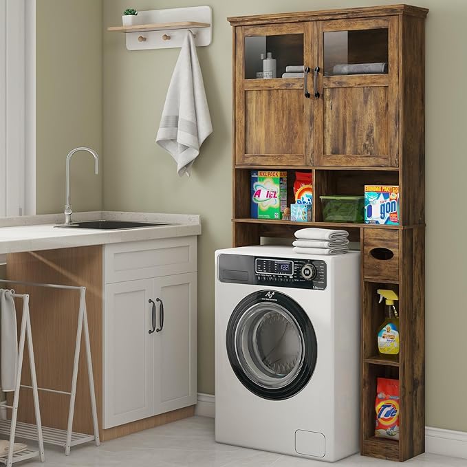 Vabches Over The Toilet Storage Cabinet With Double Doors & Paper Holder Stand, Freestanding Shelf Space Saver With Anti-Tip Design & Adjustable Shelf, Brown