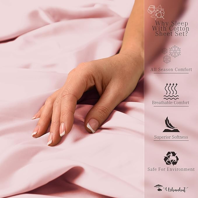 URBANHUT 700 Thread Count Queen Size Egyptian Cotton Sheets, 4Pc Sheet Set Soft Luxury Bed Sheets for Queen Size Bed, Sateen Weave Hotel Sheets, 16'' Elasticized Deep Pocket - Blush Pink