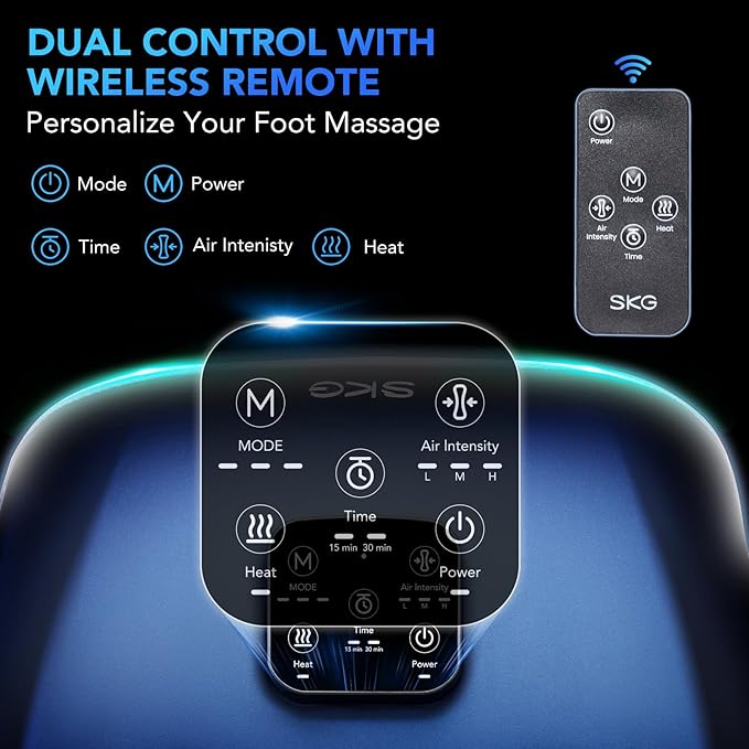 SKG Shiatsu Foot Massager with Heat and Remote for Pain Relief, Electric Feet Massage Machine with 3 Massage Compression Modes Relieve for Plantar Fasciitis Neuropathy, Size 13 for Men Women, 2025