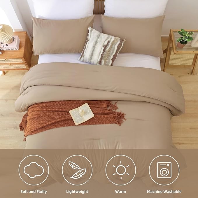 ROSGONIA Queen Comforter Set Taupe Brown, 3pcs(1 Boho Tan Comforter & 2 Pillowcases) All Season Soft Bedding Lightweight Bedspread Blanket Quilt
