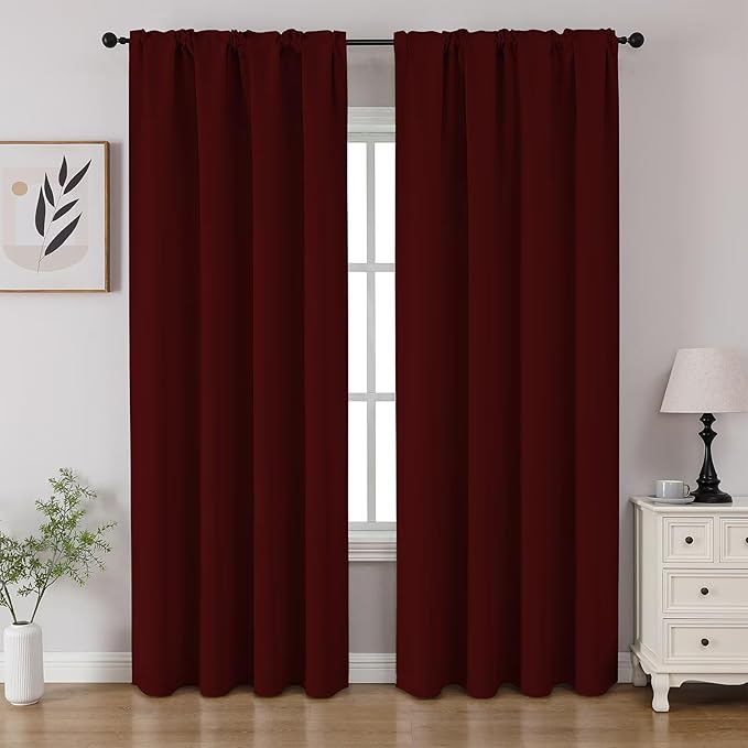 CUCRAF Burgundy Red Blackout Curtains 108 inch Length 2 Panels Set, Rod Pocket Room Darkening Drapes for Bedroom Living Room, Insulated Thermal Light Blocking Window Curtain (W52 x L108 Inch)