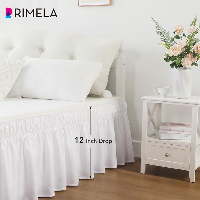 RIMELA White Bed Skirt Full Size 12 Inch Drop, Elastic Bed Skirting for Bed Base and Frame, Bedding Dust Ruffle Easy to Install, Lightweight Wrap Around Adjustable Bedskirt
