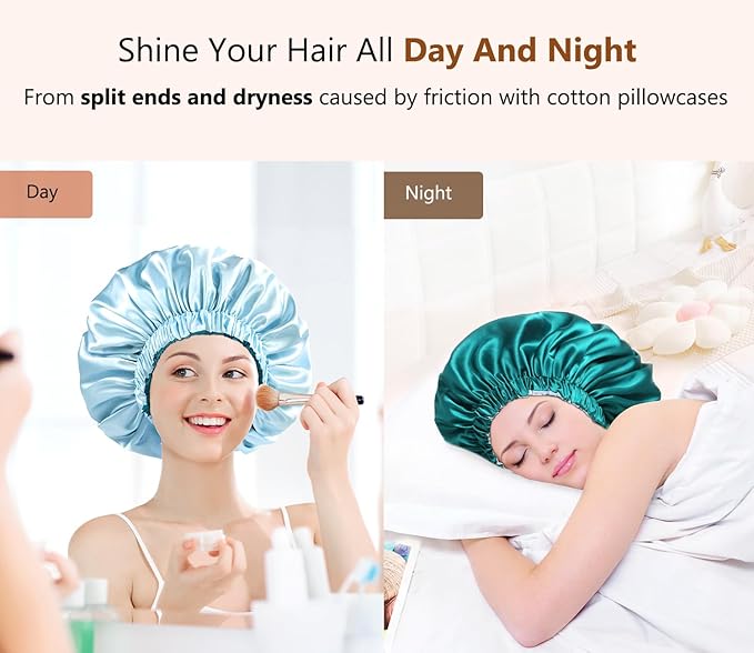mikimini Satin Bonnet for Sleeping,Pack of 2,Green+Light Blue,Silk Bonnet for Women Long Curly Hair,Reversible Double-Layer Sleeping Hair Bonnet Extra Large Stretchy Sleep Hair Caps