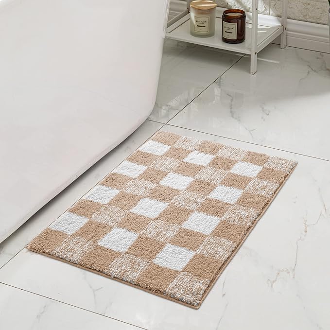 CozeCube Bath mats for Bathroom Non Slip, Fluffy Absorbent Microfiber Bath mat Washable, Aesthetic Bathroom Rugs, Long Beige Checkered Bath mat, Beige, 47" x 24"