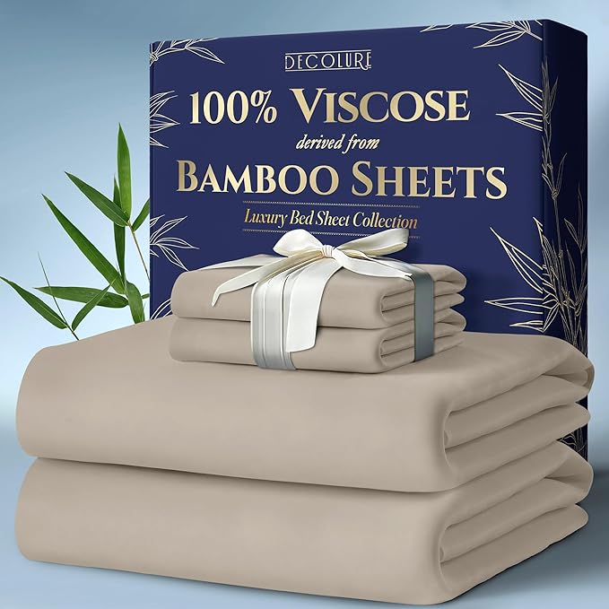 DECOLURE 100% Viscose Derived from Bamboo Sheets Queen Size 4pcs - Ultra Soft & Luxuriously Cooling, 17" Deep Pocket, Double Stitching, Perfect for Hot Sleepers - Queen Bed Sheets (Taupe)