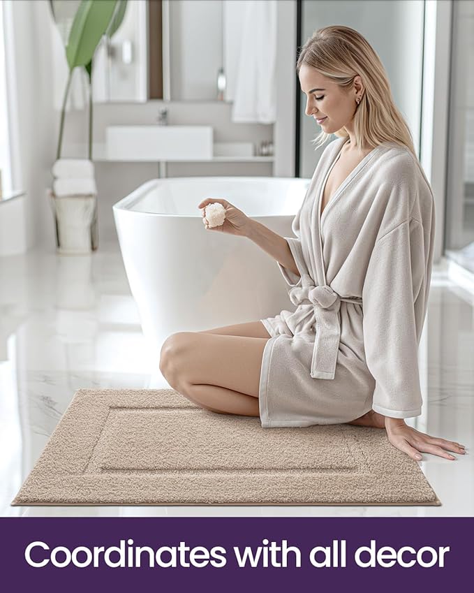 DEXI Bathroom Rugs 36x24, Washable Non Slip Bath Mat for Shower Floor, Absorbent Quick Dry Bathmat with Rubber Backing, Ultra Soft Plush Carpet for Tub, Beige
