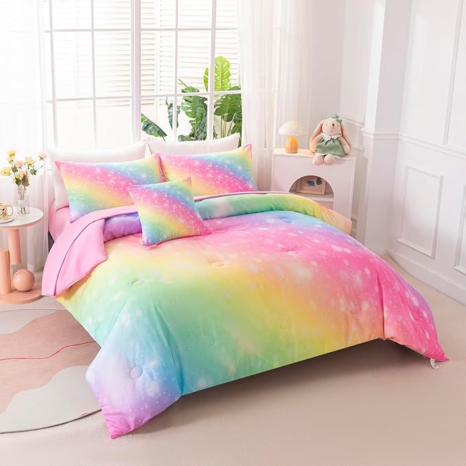 4Pcs Twin Size Comforter Set for Girls Kids, Gradient Rainbow Glitter Girls Bedding Set with Sheets, Soft & Breathable Kids Bed for Gift Bedroom Decor