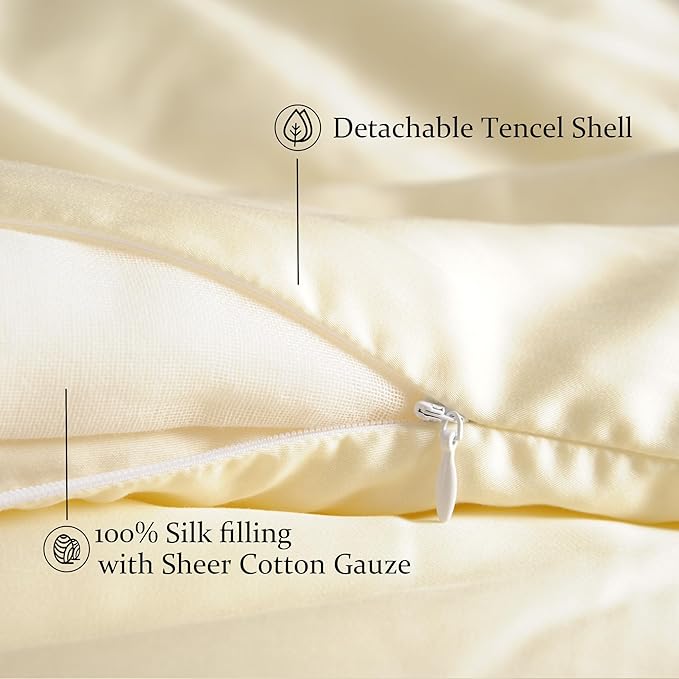 CUDDLE DREAMS Silk Filled Comforter for All Season, Detachable Tencel Duvet Cover for Easy Care, Naturally Breathable (Ivory, Queen)