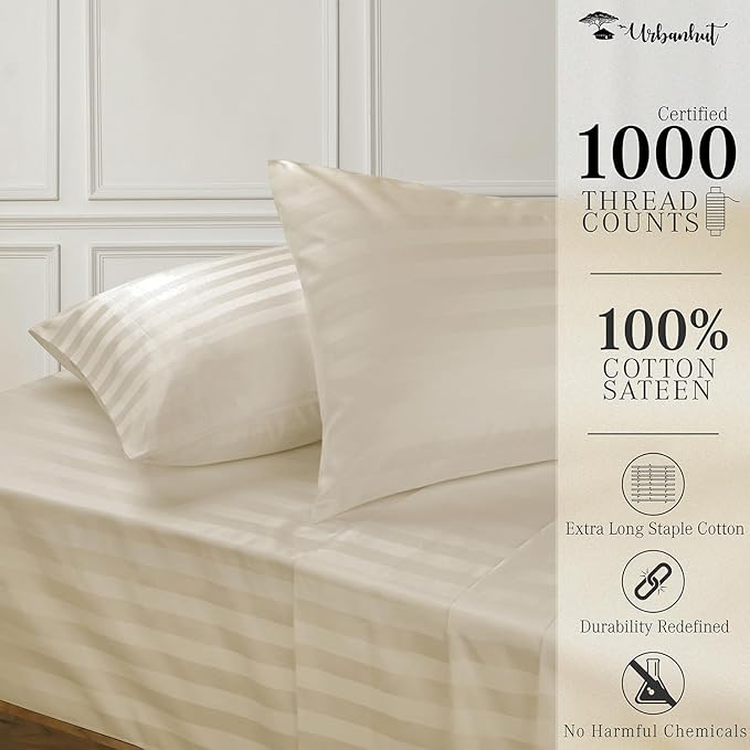 URBANHUT 1000 Thread Count Egyptian Cotton Damask Striped Queen Sheets, Long Staple Soft & Breathable, 4 Pc Bed Sheet Sets, Luxury Hotel Sateen Sheets Fits 16" Deep Pocket - Ivory