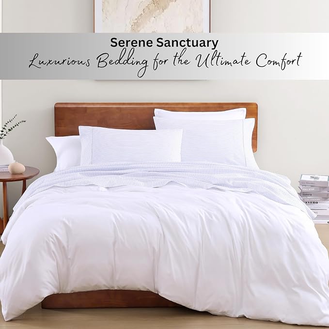 LANE LINEN 100% Organic Cotton Twin XL Sheets Set 3-Piece Pure Percale Bedsheets Bedding Breathable Fits Mattress Upto 15" Deep - Blue Ticking Stripe