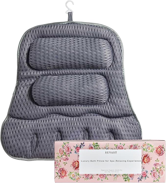 Luxury Bath Pillow for Tub, Dual Headrest & Back Support, 4D Air Mesh Quick-Dry Cushion, 10 Strong Suction Cups, Extra-Large Spa Bathtub Pillow Gift for Women(Grey)