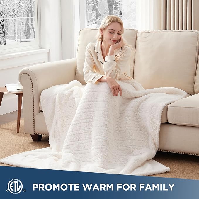 Westinghouse Electric Blanket Throw Size, Soft Plush Sherpa Heated Blanket with 6 Heating Levels & 2-10 Hours Auto-Off, Machine Washable, 50x60 inches, Ivory