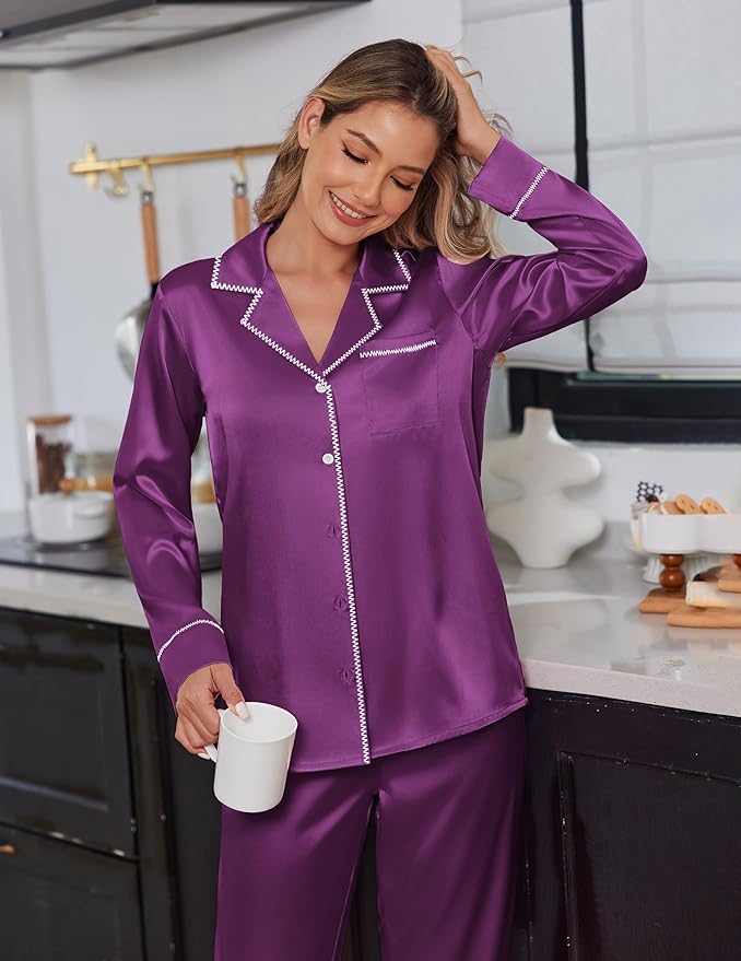 Ekouaer Satin Pajama Set for Women Silky Sleepwear Long Sleeve Top and Pants Button Down Pjs Lounge Set