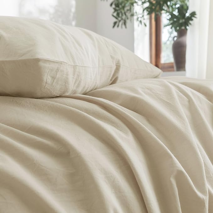 FOSSA Duvet Cover Set 100% Washed Cotton Linen Feel Super Soft Breathable Cozy 3 Pieces Bedding Sets Solid Almond Grey Super King Plus