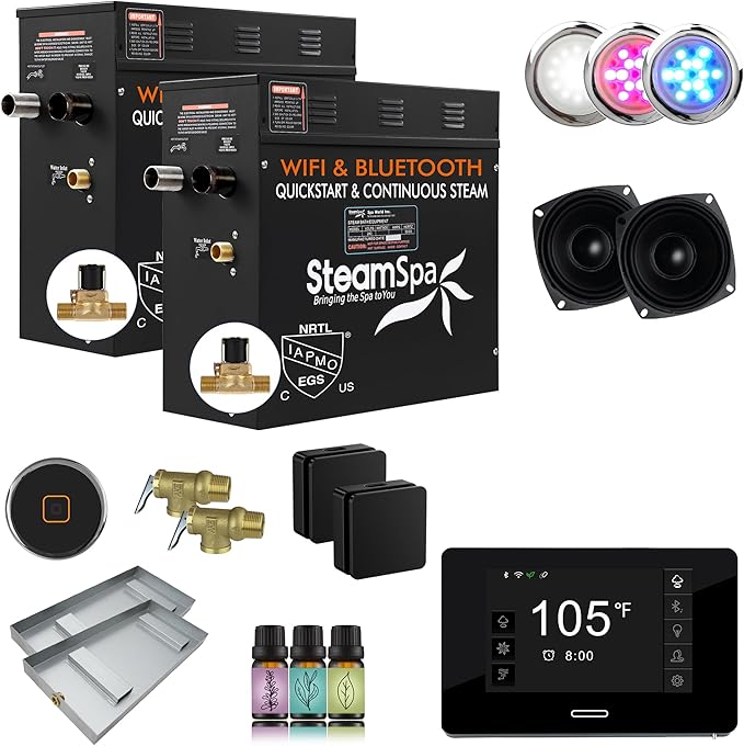 SteamSpa Steam System 24kW Steam Shower Generator with Bluetooth Wifi, Quickstart Continous Steam, Advanced Touch Pad Screen, Chroma Lights, Drain Pan and Auto Drain Black RVBS2400BK-A