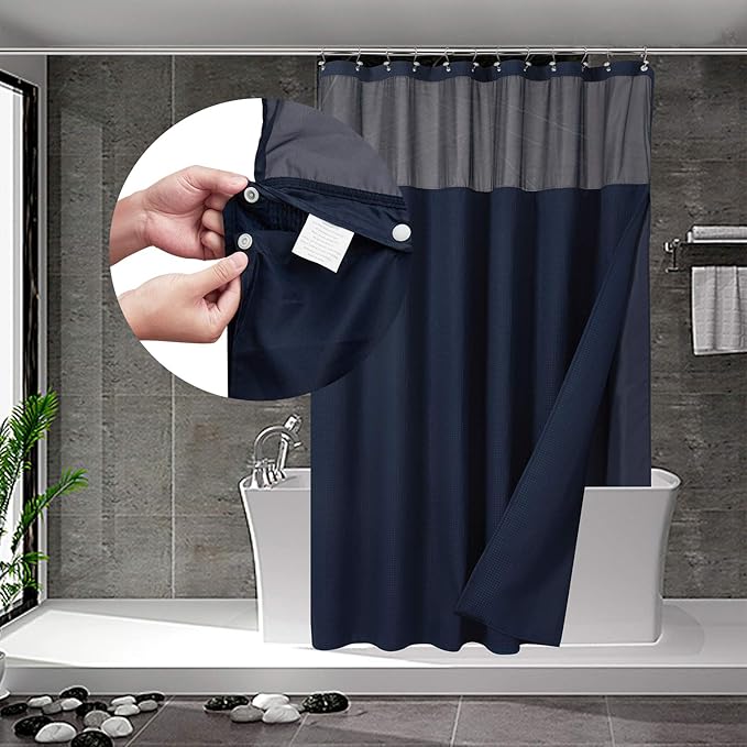 N&Y HOME Extra Long Waffle Weave Shower Curtain with Snap-in Fabric Liner Set, 12 Hooks Included - 71" x 84", Hotel Style, Mesh Top Window, Machine Washable & Water-Repellent - 71x84, Navy Blue