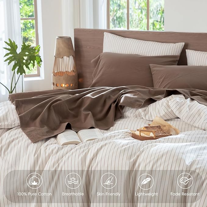 MooMee Bedding Sheet Set 100% Washed Cotton Linen Like Textured Breathable Durable Soft Comfy (Solid Brown, Queen)