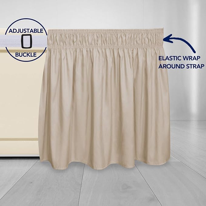 PureFit Wrap Around Ruffled Bed Skirt with Adjustable Elastic Belt - 22 Inch Drop Easy to Put On, Wrinkle Free Bedskirt Dust Ruffles, Bed Frame Cover for Queen, King and C-King Size Beds, Beige