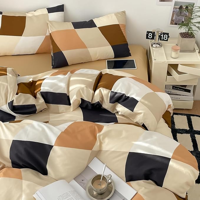 KAREVER Checkerd Comforter Set California King Multicolored Grid Bedding Men Women Chic Checkered Bed Blanket White Black Plaid Buffalo Cal King Bedding Comforter All Season Hotel Quality