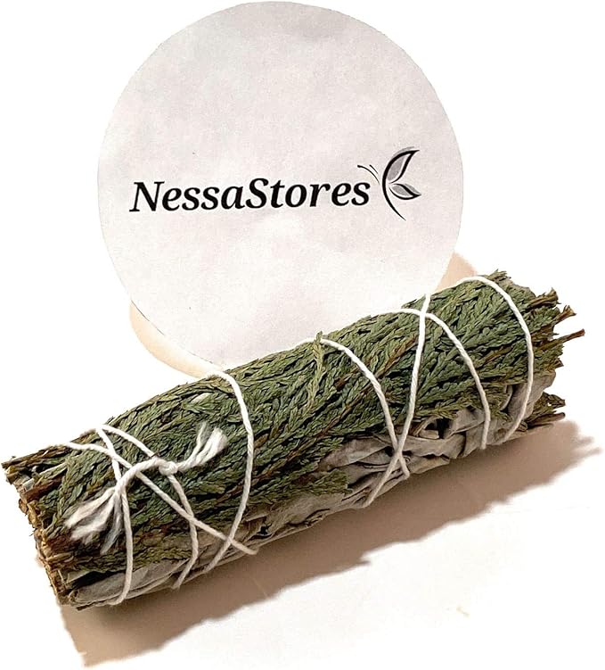 NessaStores 1 pc California White Sage & Cedar Smudge Stick, 4-Inch Hand Tied, All Natural, Ethically Sourced for Negative Energy Removal Home Cleansing, & Attracting Positivity JC-166