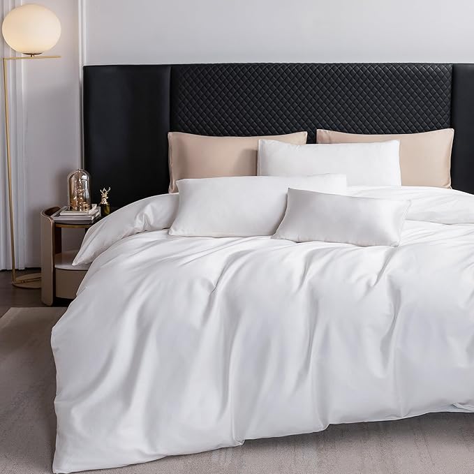 MooMee Duvet Cover Set 100% Extra Long Staple Cotton 600 Thread Count Silky Sateen Smooth Luxury Soft Breathable Durable Hotel Quality Bedding, 3 Pieces (White,California King 104"x98")