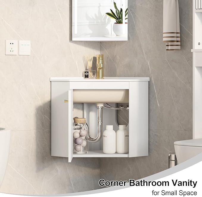 Corner Bathroom Vanity Sink Cabinet 24", Wall Mount Floating for Small Bathroom, White Ceramic Top (Faucet Not Included) (Wave Pattern)