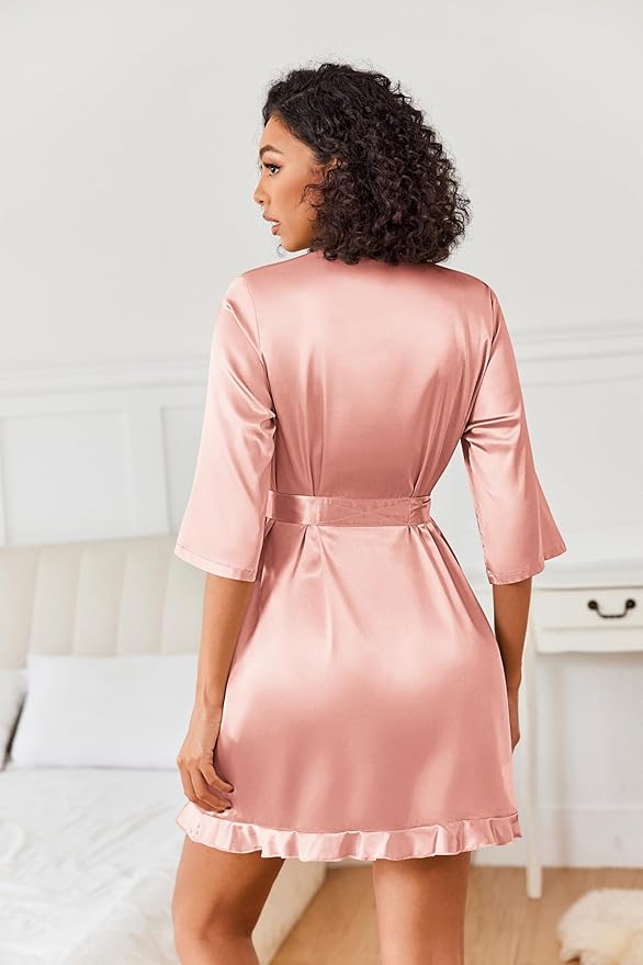 Ekouaer Women's Satin Robes Silk Kimono Bath Robe Short Ruffled Hem Bride Bridesmaid Sleepwear with Pockets