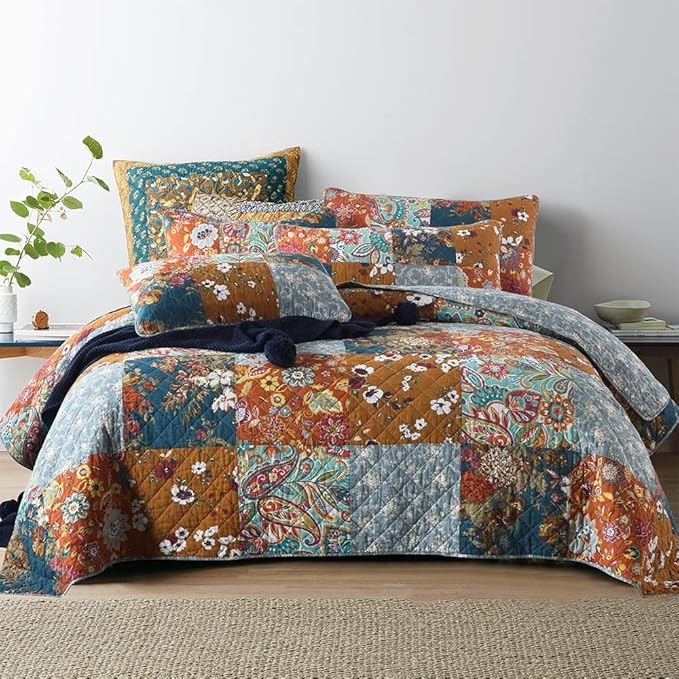 Cotton Bedspread Quilt Bedding Sets 3 Pieces Reversible Coverlet Sets Comforters Luxury Paisley Floral Patchwork Brown Bedspread, Queen Size