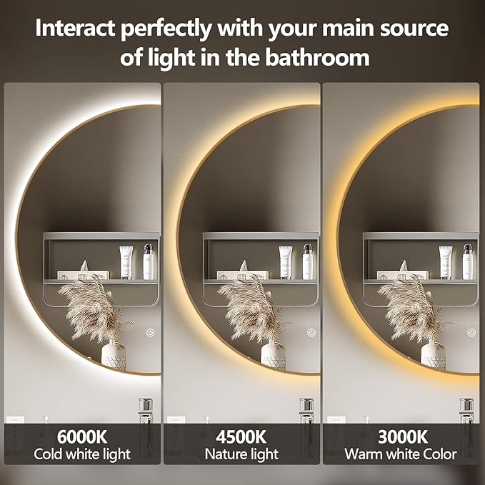 Niccy 30" LED Backlit Round Mirror for Bathroom, Gold Framed Vanity Light Wall Mirror LED Smart Circle Mirrors with 3 Lighting Colors, Dimmable Lighted Mirror with Anti-Fog, IP65 Waterproof